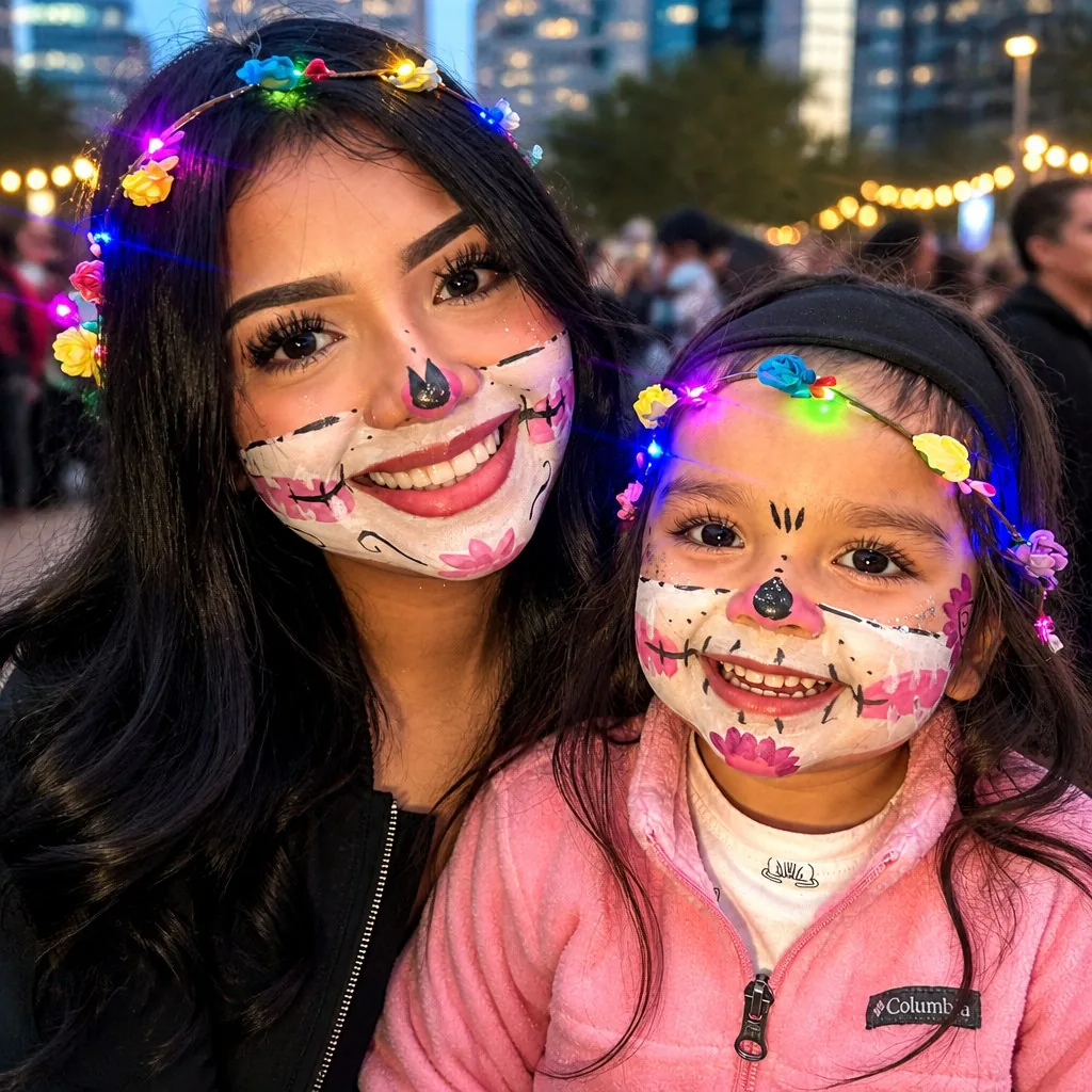 Family wearing colorful Dia de los Muertos face painting at a Poppin' Partiez fall event