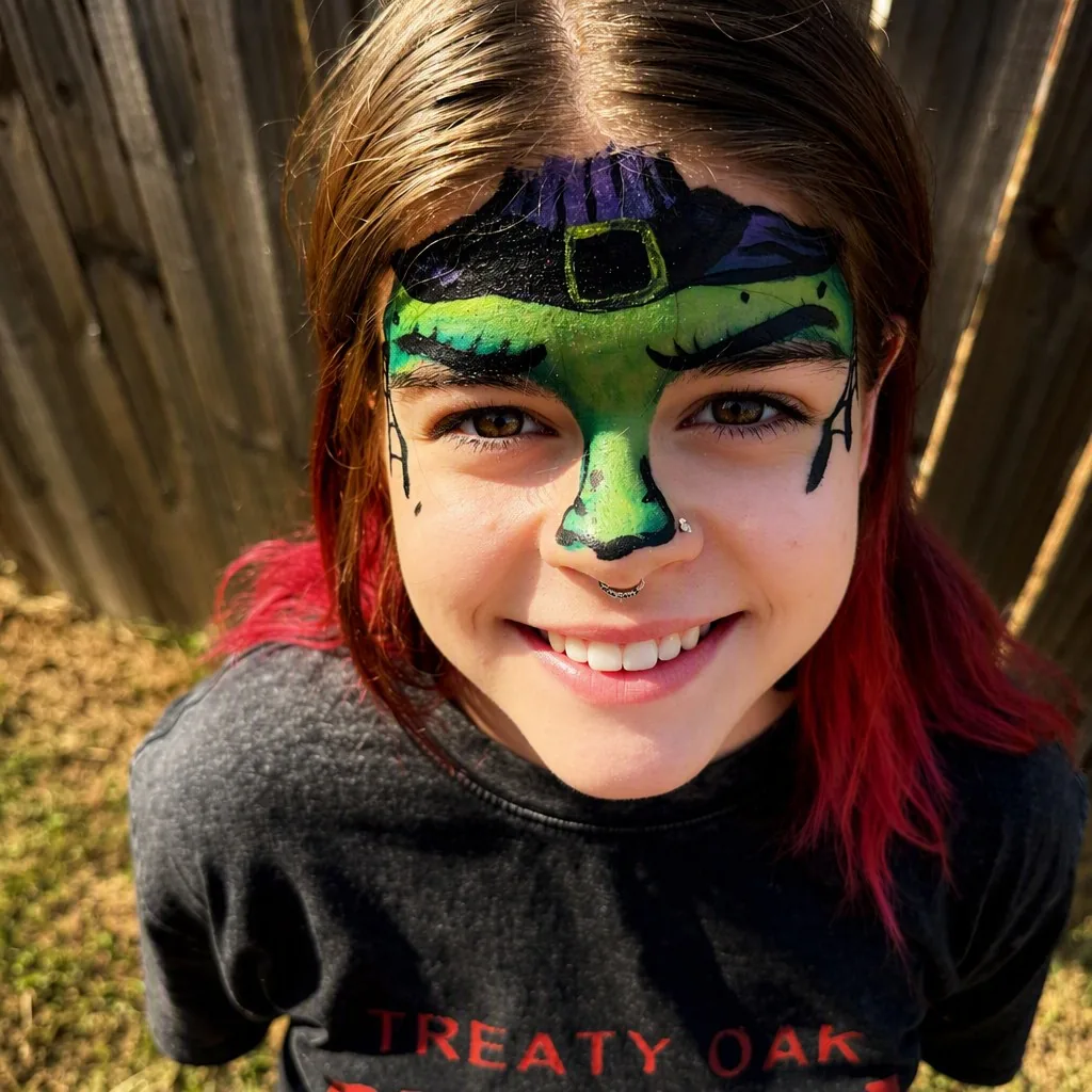 Green witch Halloween face painting with a purple hat