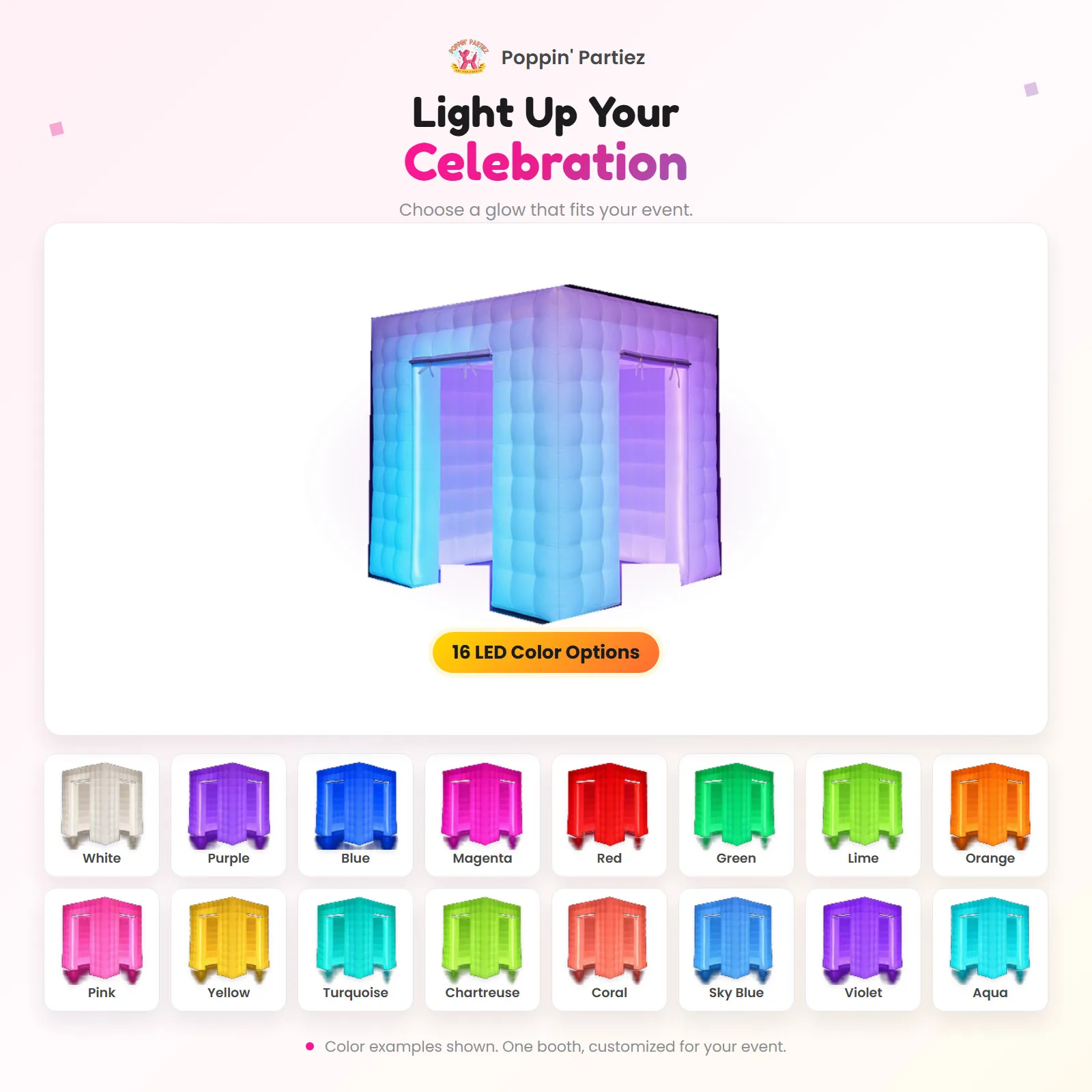 Sixteen colorful Photo Booth LED lighting examples